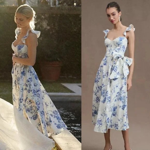 NWT V Chapman Vera Ruffle Strap Corset Side Slit Midi Dress in Provencal 10 - Picture 1 of 16